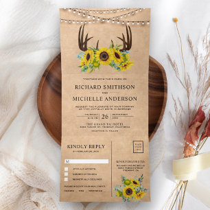 Invitation Trois Volets Mariage Rustique Kraft Tournesols Floraux Bois de 