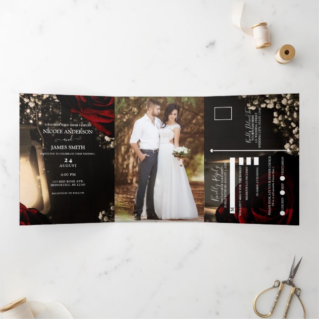 Invitation Trois Volets Mariage rustique romantique aux lanternes et roses (Intérieur)