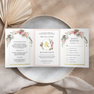 Invitation Trois Volets Mariage rustique rose blush floral bohème Pampas A