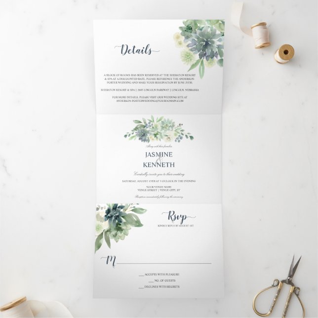 Invitation Trois Volets Mariage Sage Green Indigo Blue Succulents (Intérieur)