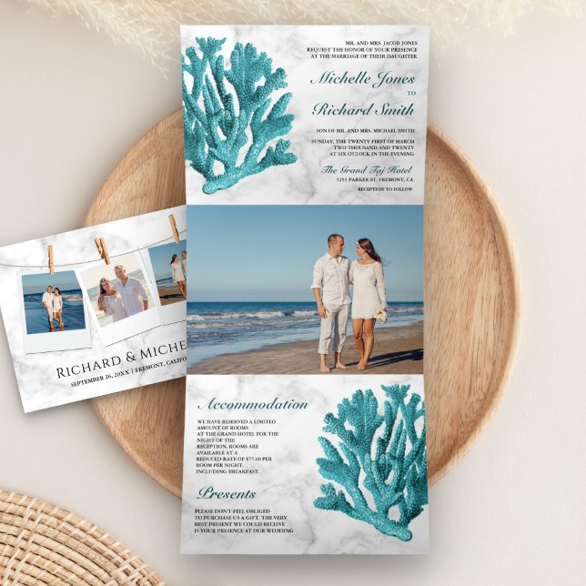 Invitation Trois Volets Mariage sur la plage côtière au corail sarcelle et (Créateur téléchargé)