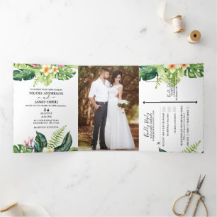 Invitation Trois Volets Mariage sur la Plage de l'Île aux Feuilles et Fleu