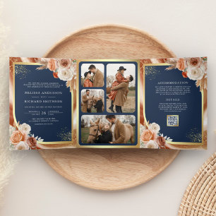 Invitation Trois Volets Mariage Terracotta Floral Pampas Or Bleu Nuit