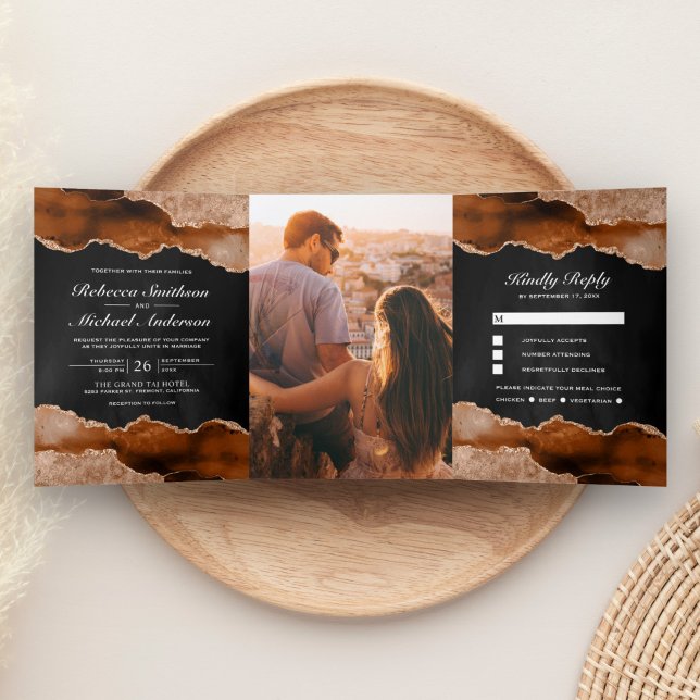 Invitation Trois Volets Mariage Terracotta Orange Brûlé Agate Marbre Noir (Créateur téléchargé)