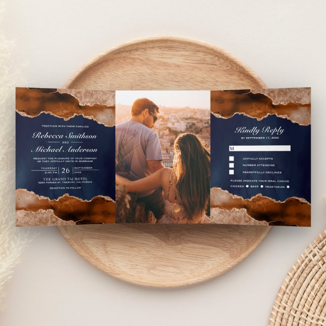 Invitation Trois Volets Mariage Terracotta Orange Brûlé Marbre Agate Navy (Créateur téléchargé)