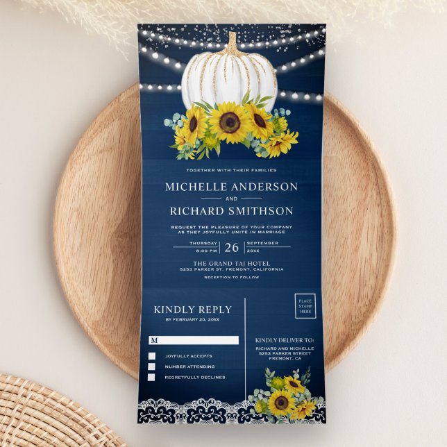 Invitation Trois Volets Mariage Tournesols Bois Bleu Marine Citrouille Bla (Créateur téléchargé)