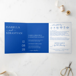 Invitation Trois Volets Mariage tout-en-un bleu cobalt