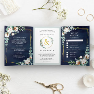Invitation Trois Volets Mariage Tout en Un Bleu Nuit Coton Eucalyptus