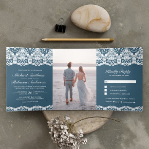 Invitation Trois Volets Mariage tout-en-un bleu poussiéreux avec dentelle