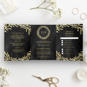 Invitation Trois Volets Mariage Tout en Un Branche de Feuille d'Or Gris Ch