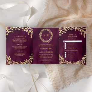 Invitation Trois Volets Mariage Tout en Un Branche de Feuille d'Or Prune