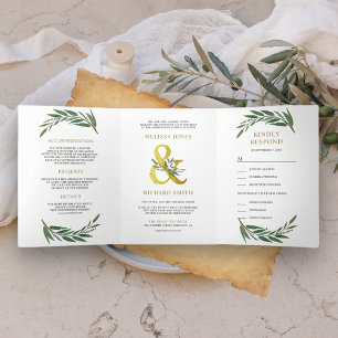 Invitation Trois Volets Mariage Tout en Un Branche d'Olivier Ampersand Or