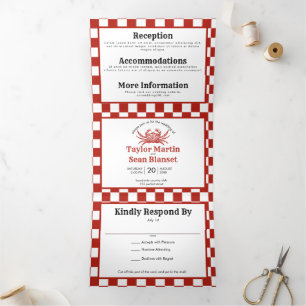Invitation Trois Volets Mariage tout en un crabe en bois sur la plage