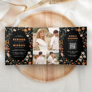Invitation Trois Volets Mariage Tout en Un Fleur Sauvage Groovy Orange Noi