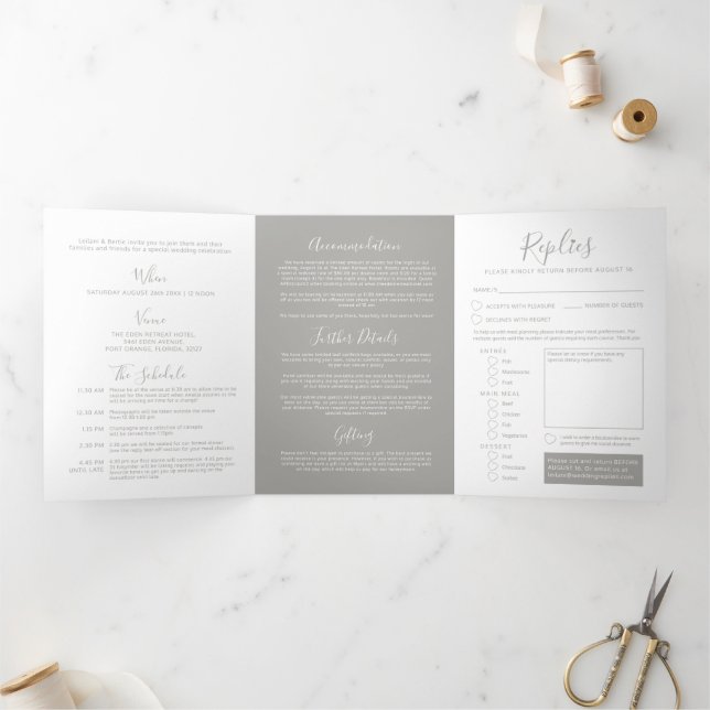 Invitation Trois Volets Mariage tout-en-un gris blanc petit cœur  (Intérieur)