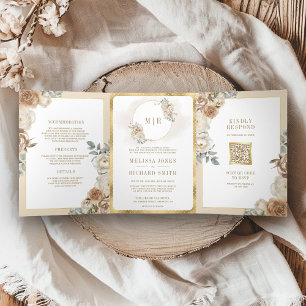 Invitation Trois Volets Mariage Tout en Un Ivoire Beige Fleurie Or Doux