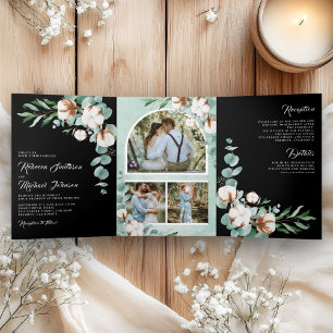 Invitation Trois Volets Mariage Tout en Un Noir Coton Eucalyptus Photo