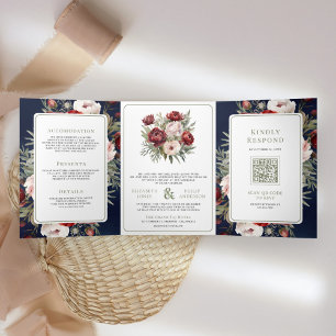 Invitation Trois Volets Mariage Tout en Un Rose Pâle Floral Bourgogne