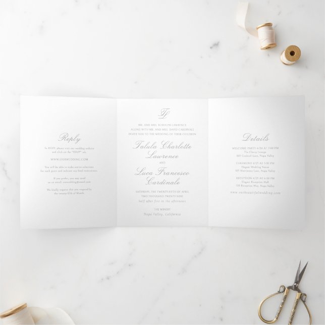 Invitation Trois Volets Mariage Traditionnel Gris Élégant (Intérieur)
