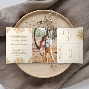 Invitation Trois Volets Mariage traditionnel indien mandala marron élégant