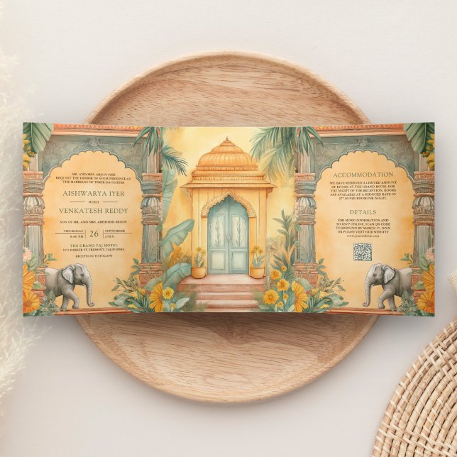 Invitation Trois Volets Mariage traditionnel sud-indien avec code QR photo (Créateur téléchargé)