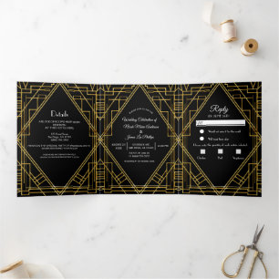 Invitation Trois Volets Mariage Trifold Déco Elégant Noir Or 20's 