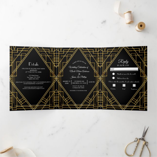 Invitation Trois Volets Mariage Trifold Déco Elégant Noir Or 20's  (Intérieur)