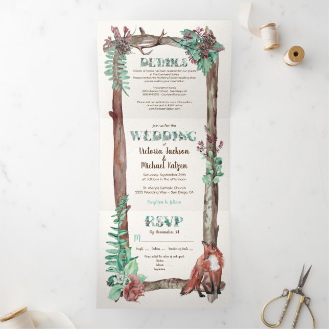 Invitation Trois Volets Mariage Triptyque Forestier Aquarelle Rustique (Intérieur)