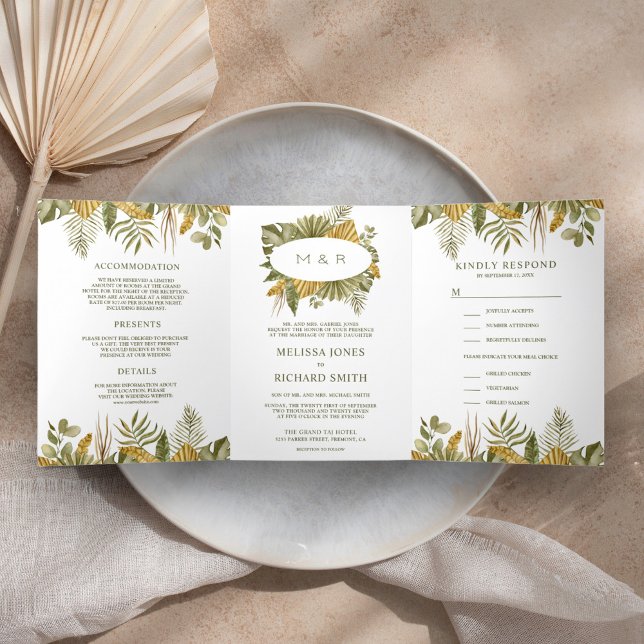 Invitation Trois Volets Mariage Tropical Bohème Feuilles de Palmier Séchée (Créateur téléchargé)
