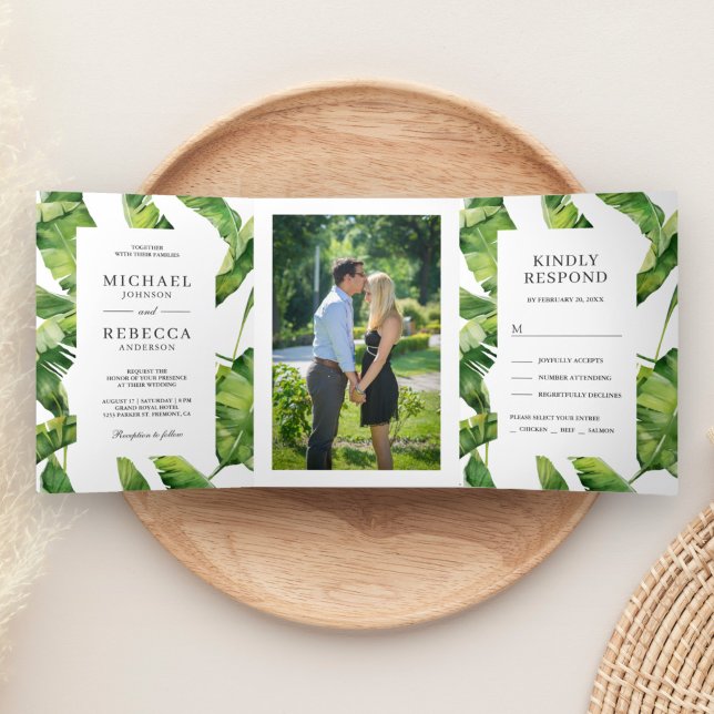 Invitation Trois Volets Mariage tropical Feuille à banane verte et blanche (Créateur téléchargé)