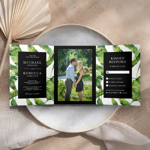 Invitation Trois Volets Mariage tropical Feuille à banane verte et noire