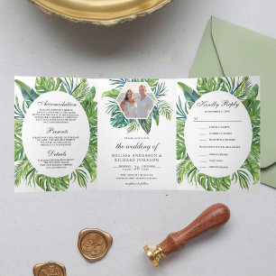 Invitation Trois Volets Mariage Tropical Monstera Feuilles de Palmier Tout