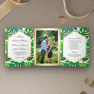 Invitation Trois Volets Mariage Tropical Monstera Hexagone Vert et Blanc