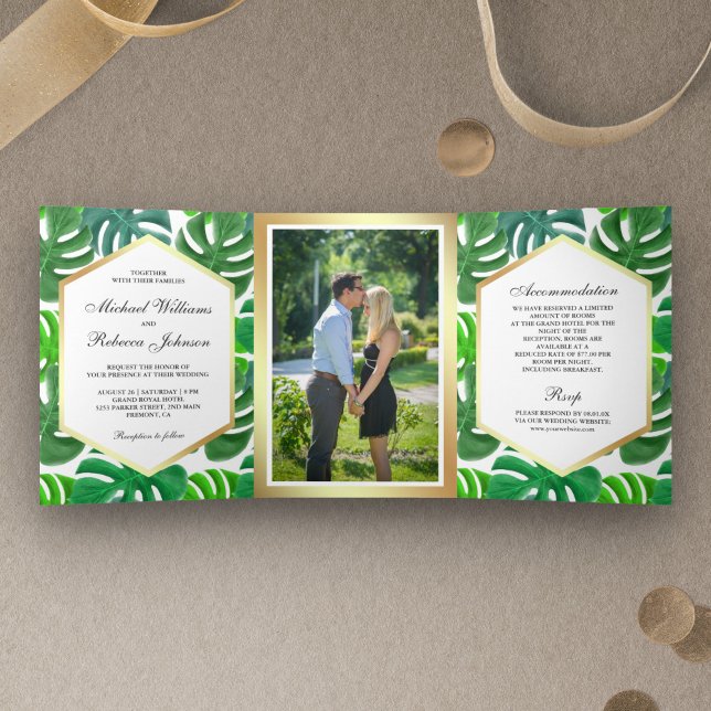 Invitation Trois Volets Mariage Tropical Monstera Hexagone Vert et Blanc (Créateur téléchargé)