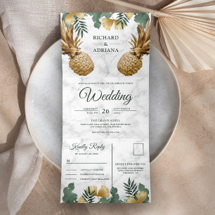 Invitation Trois Volets Mariage Tropical Palmier Marbre Blanc Ananas Doré