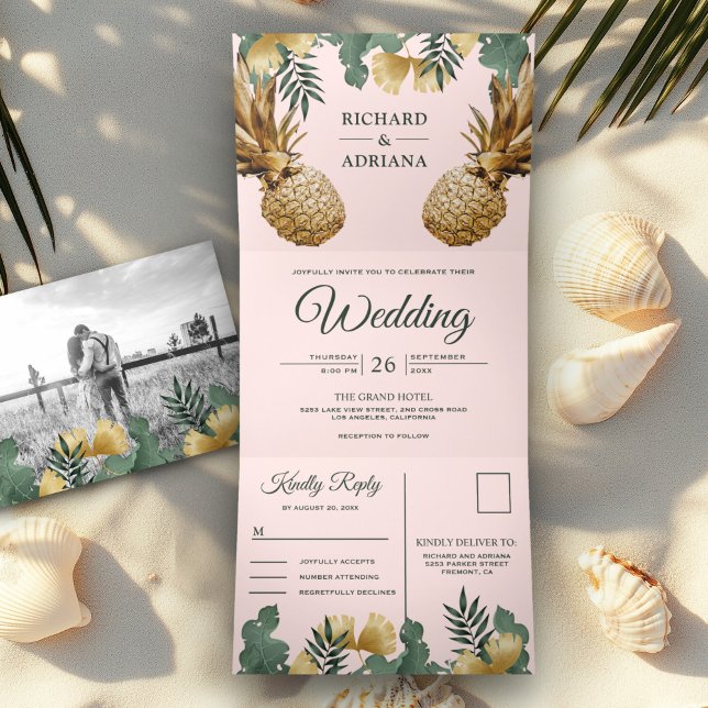 Invitation Trois Volets Mariage Tropical Palmier Rose Doré Ananas (Créateur téléchargé)