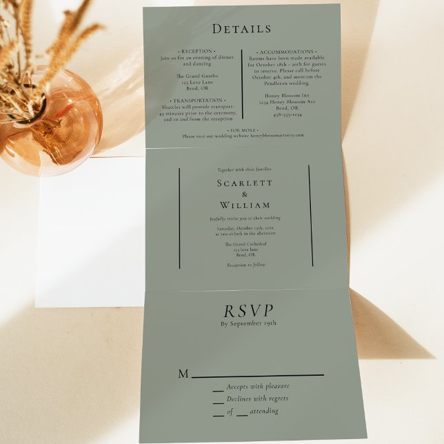 Invitation Trois Volets Mariage vert à faible hauteur de chute simple (Créateur téléchargé)