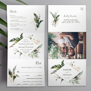 Invitation Trois Volets Mariage vert de feuillage tropical tout en un