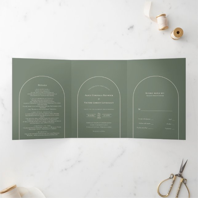 Invitation Trois Volets Mariage vert simple Boho Arch Sage (Intérieur)