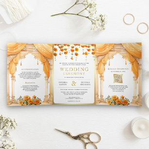 Invitation Trois Volets Marigold Floral Mandap de mariage hindou sud-indie