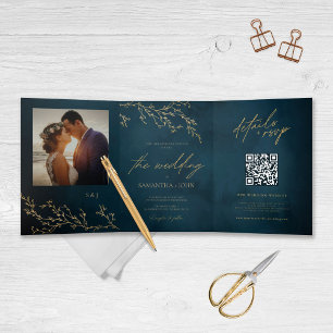 Invitation Trois Volets Marine Bleu et or Botanique Mariage élégant