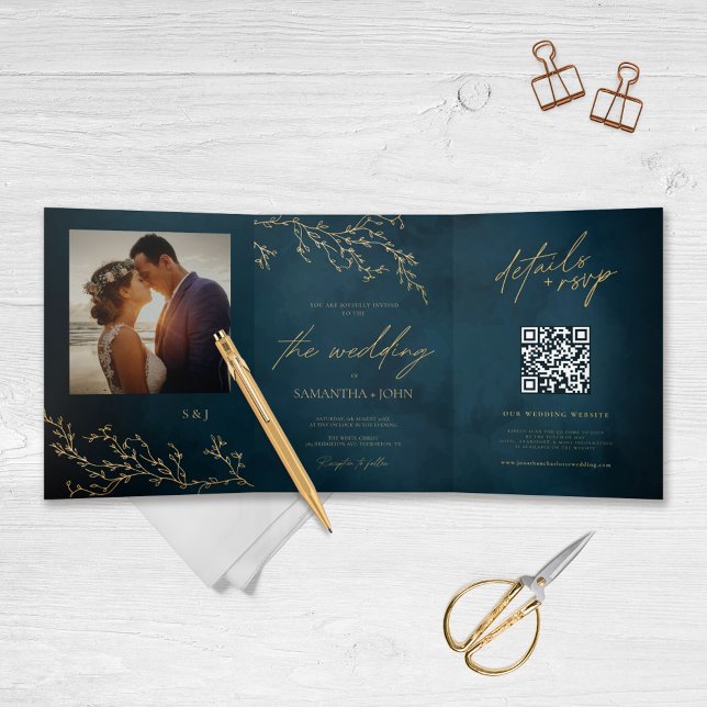 Invitation Trois Volets Marine Bleu et or Botanique Mariage élégant (Créateur téléchargé)