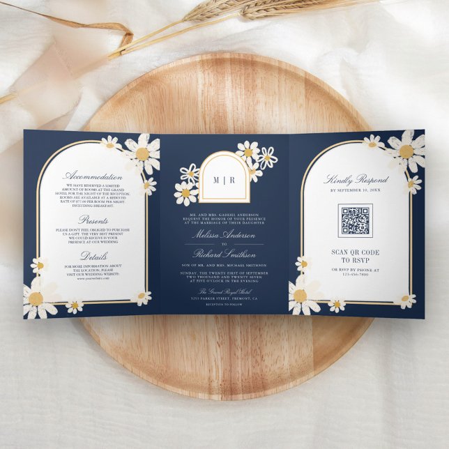 Invitation Trois Volets Marine Blue Cream Jaune Daisy Tout en un Mariage (Créateur téléchargé)