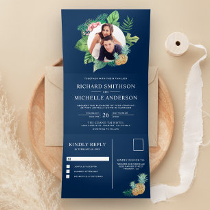 Invitation Trois Volets Marine Blue Green Palm Feuilles Wreath Photo Maria