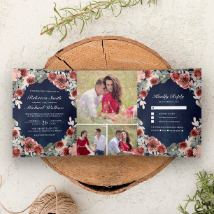 Invitation Trois Volets Marine Blue Marsala Floral Photo Collage Mariage
