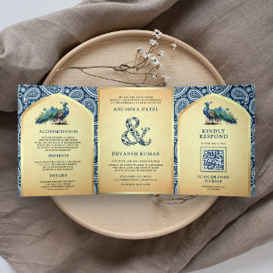 Invitation Trois Volets Marine Blue Paisley Indian Peacock Code QR Mariage