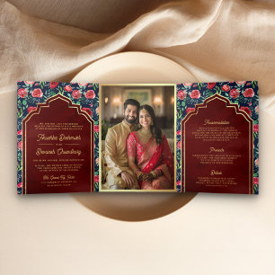 Invitation Trois Volets Marine Blue Red Roses Floral Gold Mariage indien