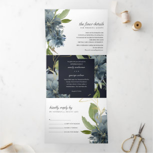 INVITATION TROIS VOLETS MARINE BLUE VERT OR FLORAL MARIAGE D'EAU
