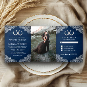 Invitation Trois Volets Marine Blue Wood Horseshoe dentelle Mariage Photo
