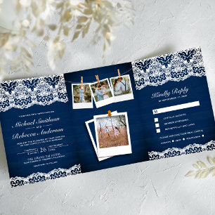 Invitation Trois Volets Marine Blue Wood Pays dentelle photo Collage Maria